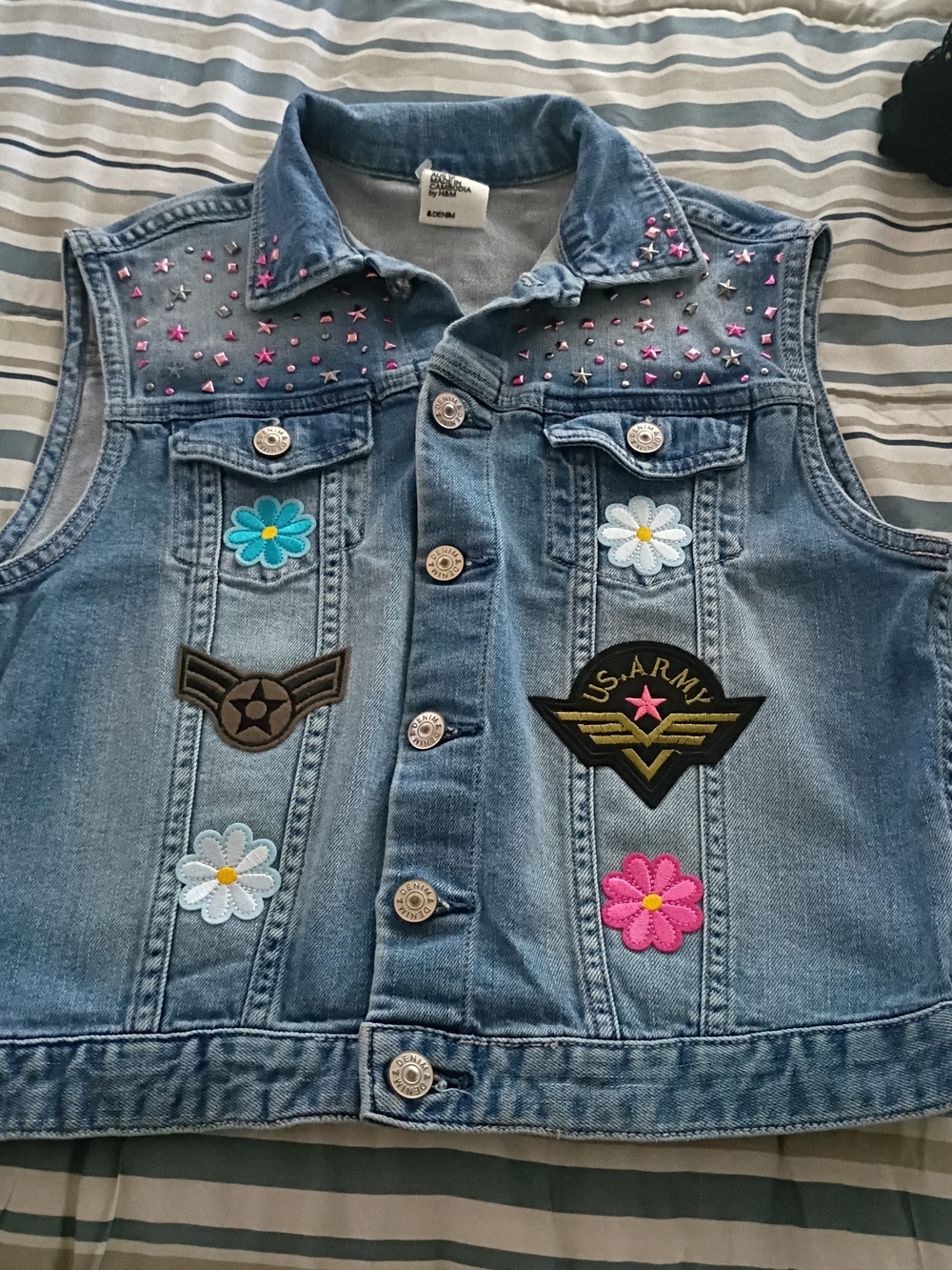 H&M Light Blue Denim Vest with Floral Patches & Studs